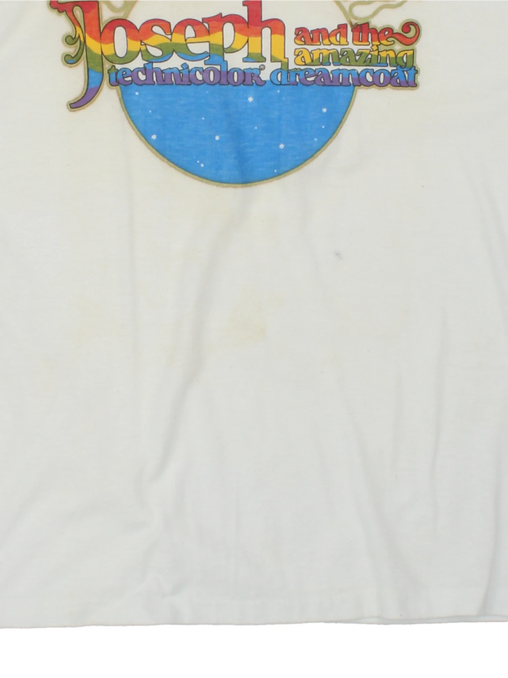 Vintage 90's Joseph and the Amazing Technicolor Dreamcoat T-Shirt in a white colourway with the multicoloured spell out logo printed on the front, single stitch t-shirt on a hanes tag.