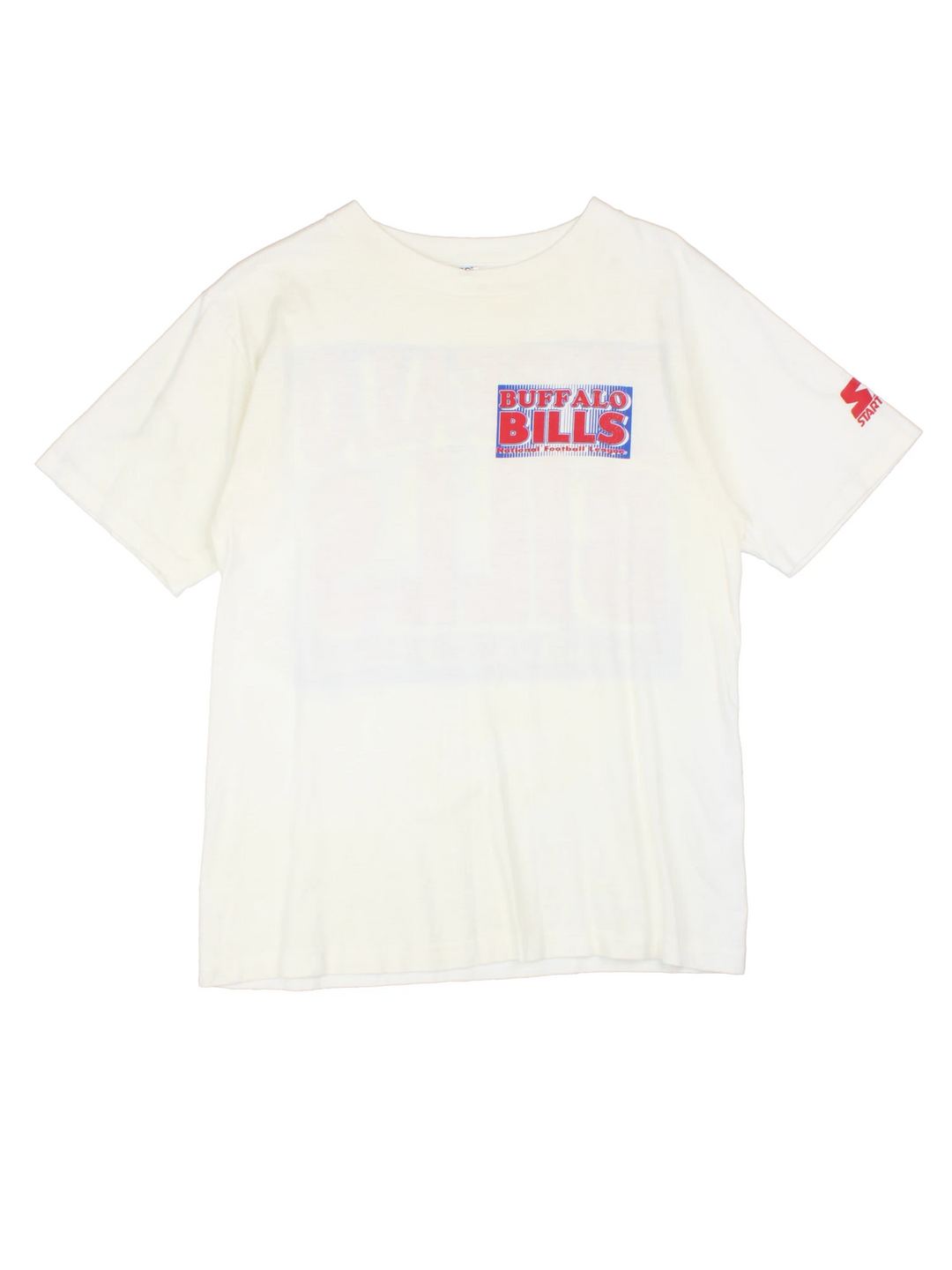 Vintage 1990 Buffalo Bills NFL Starter T-Shirt in a white colourway with the team spell out logo printed on the front and back. 
