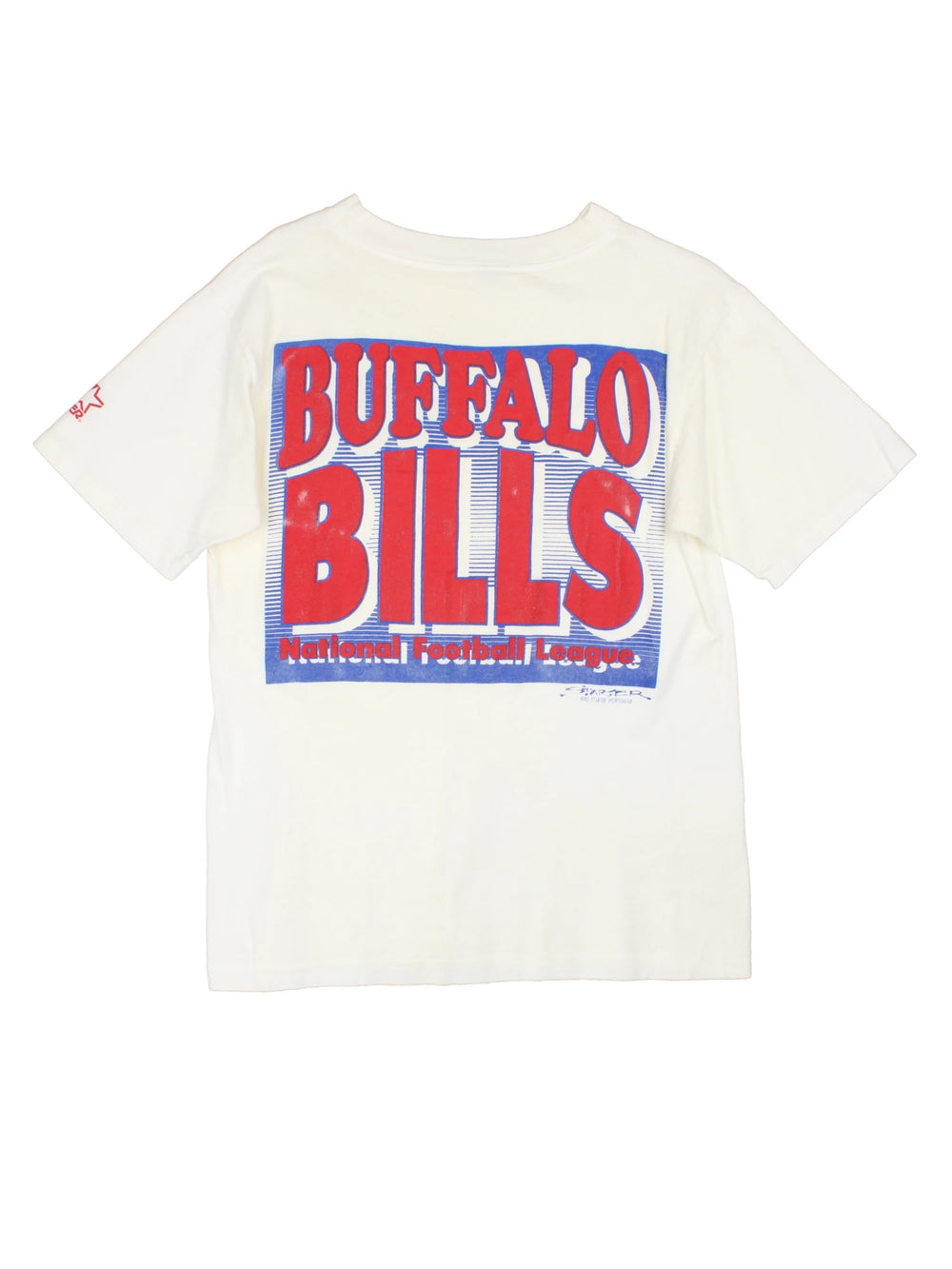 Vintage 1990 Buffalo Bills NFL Starter T-Shirt in a white colourway with the team spell out logo printed on the front and back. 