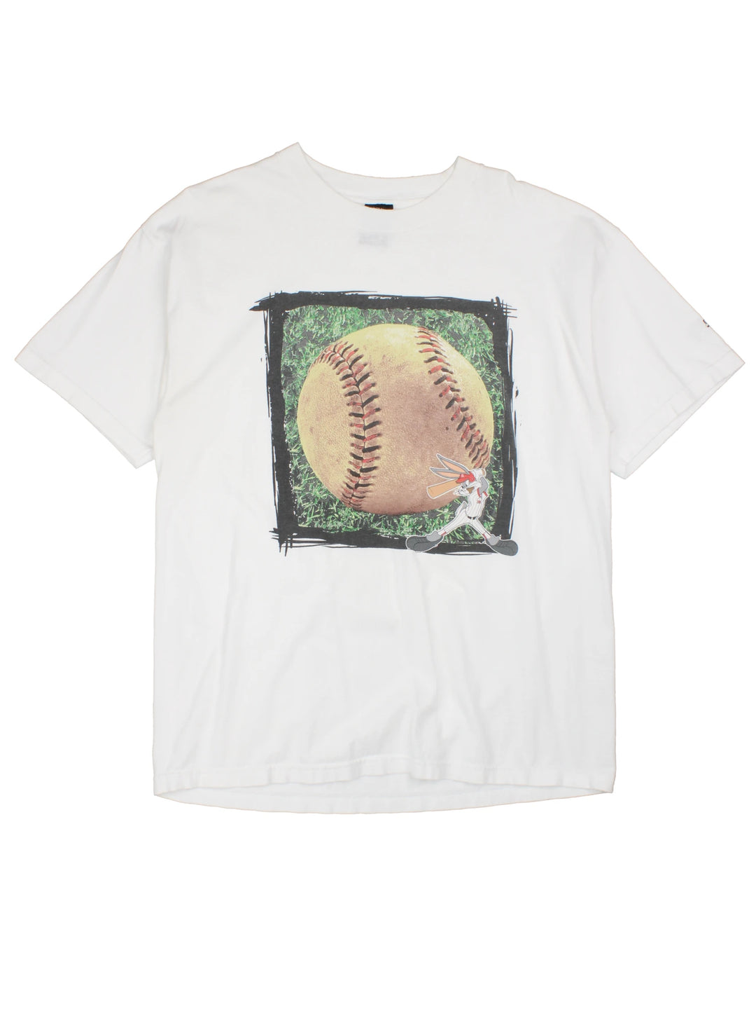 Vintage Warner Bros Bugs Bunny Baseball T-Shirt in a white colourway with Bugs Bunny hitting a big baseball printed on the front. 