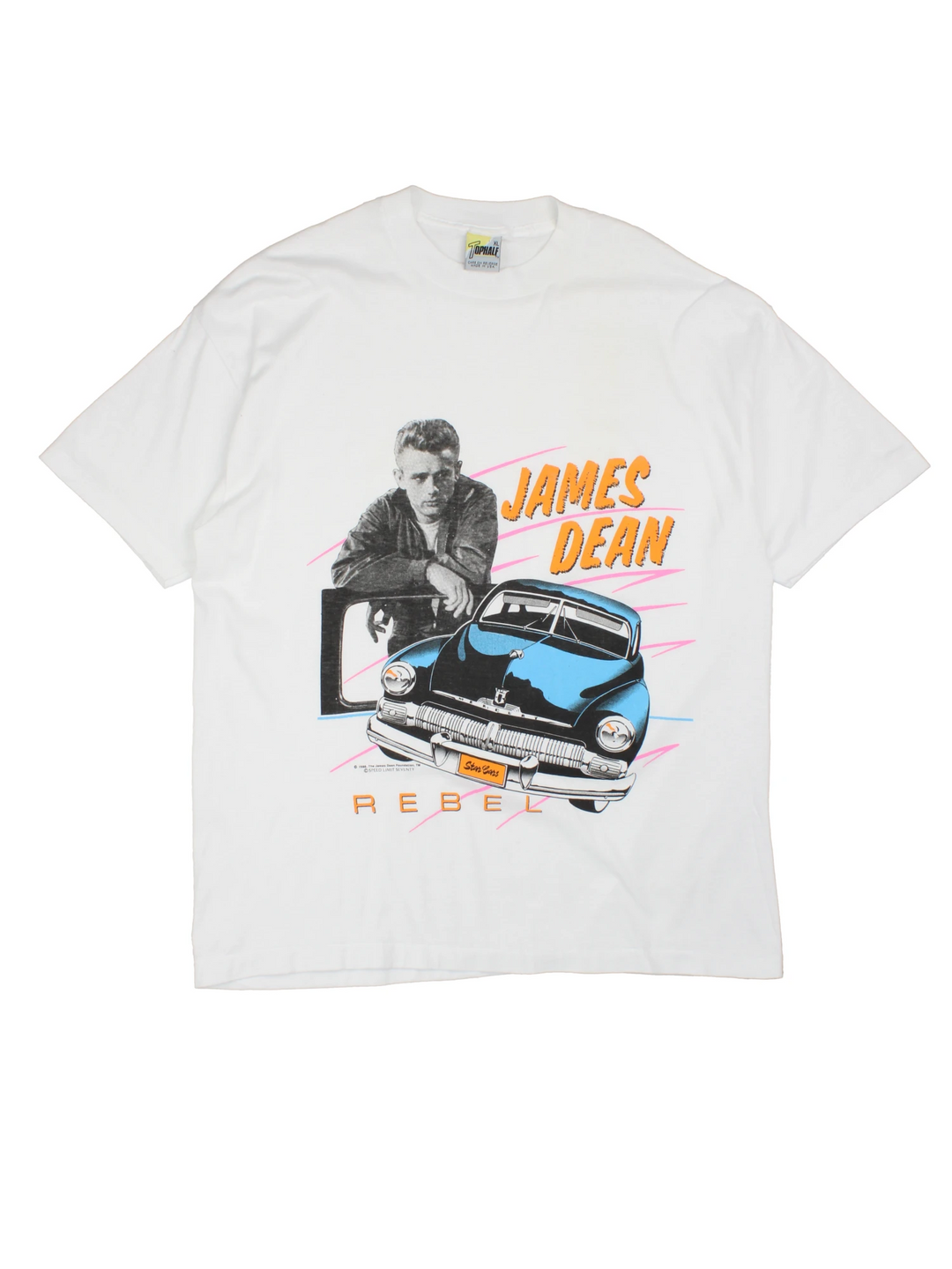 Vintage 1988 James Deen Rebel T-Shirt in a white colourway with the artist printed on the front with a car in a 80's pop art style, single stitch t-shirt.