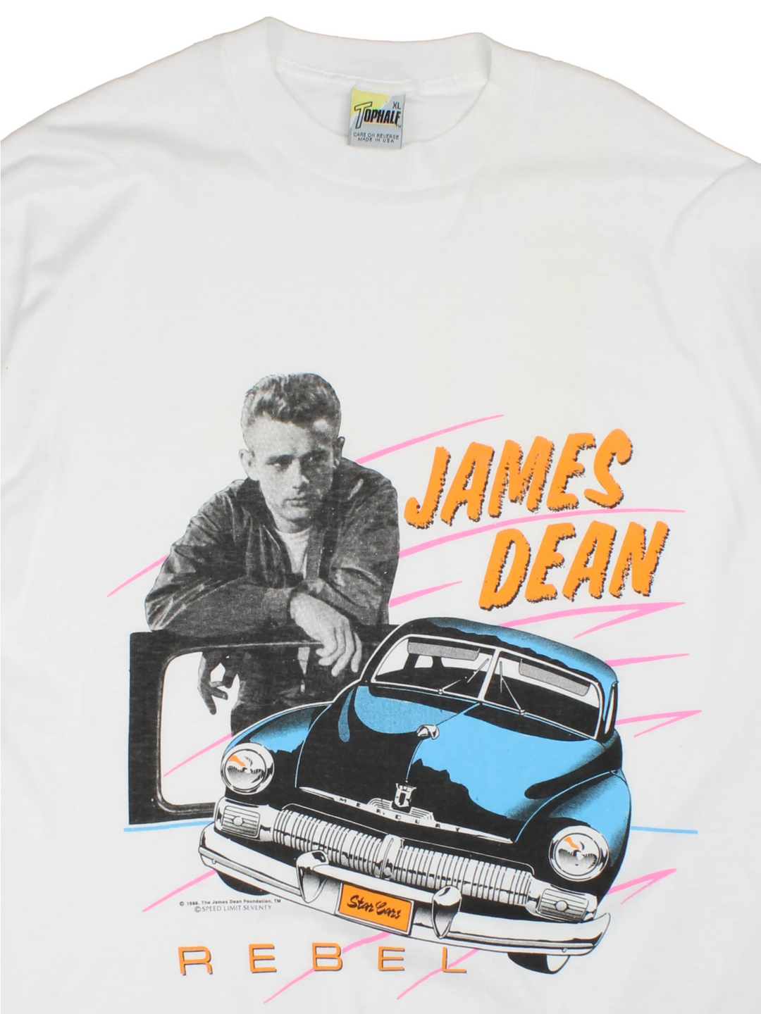 Vintage 1988 James Deen Rebel T-Shirt in a white colourway with the artist printed on the front with a car in a 80's pop art style, single stitch t-shirt.