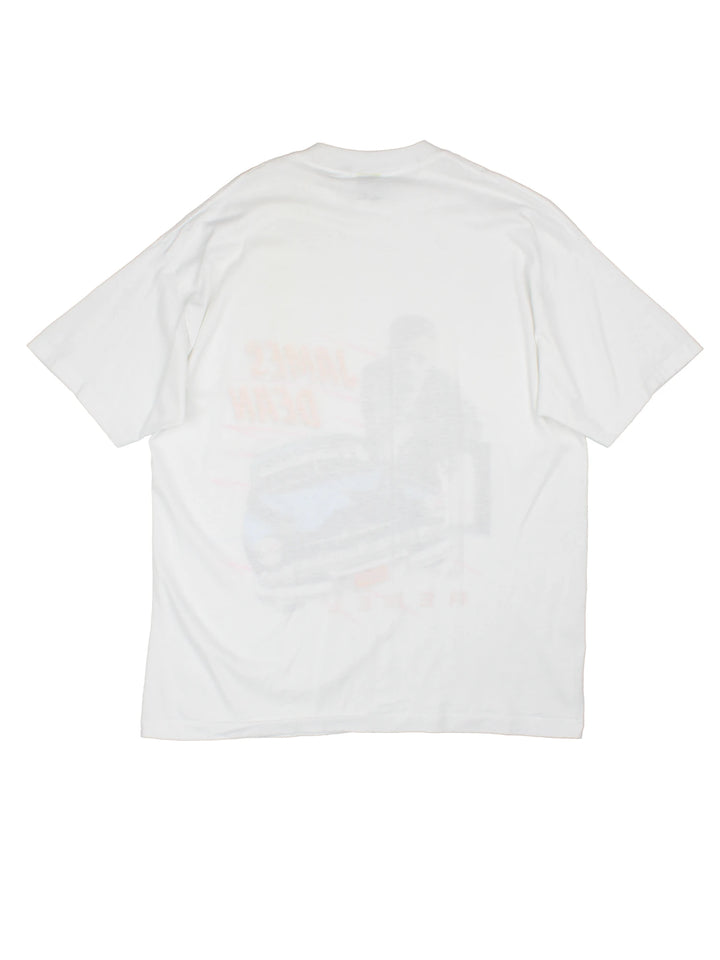 Vintage 1988 James Deen Rebel T-Shirt in a white colourway with the artist printed on the front with a car in a 80's pop art style, single stitch t-shirt.