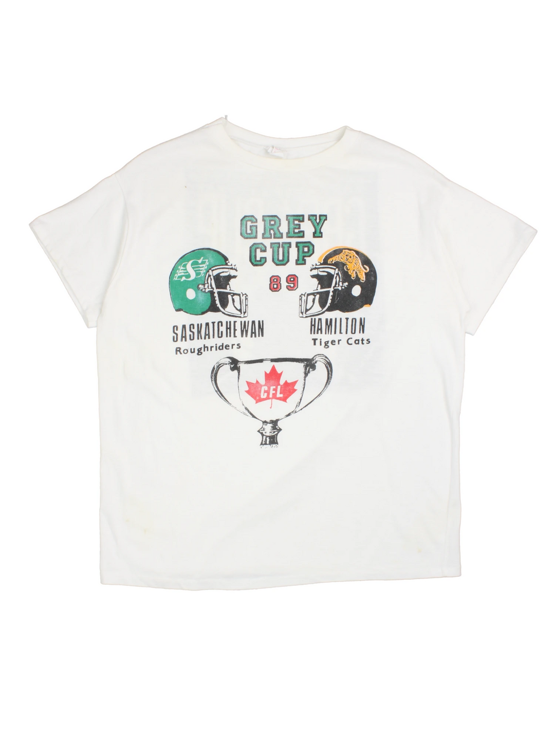 Vintage 1989 CFL Grey Cup Saskatchewan Roughriders vs Hamilton Tiger Cats tee in white with helmet face-off graphic on the front and photo of trophy on the back.