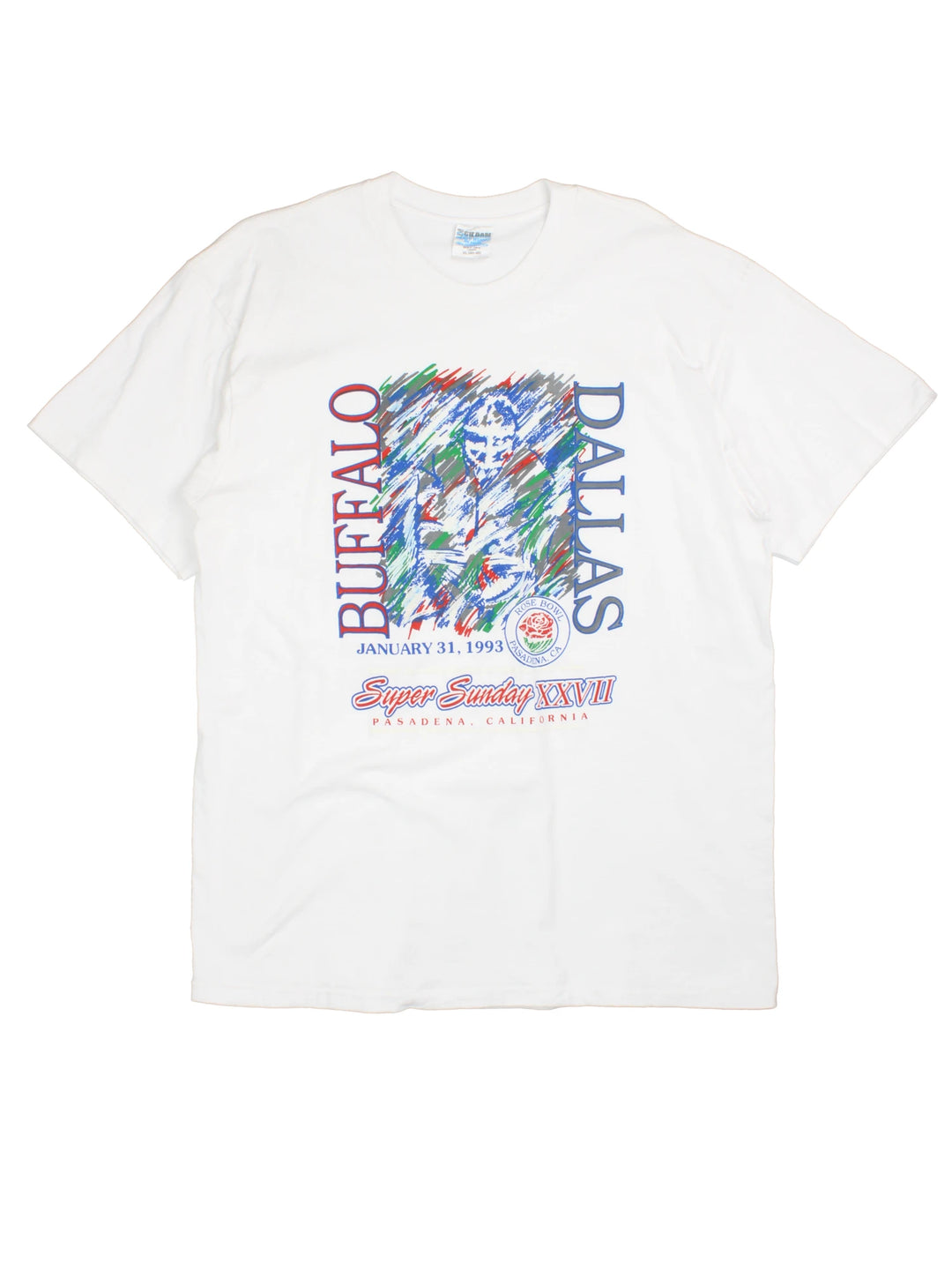 Buffalo vs Dallas 1993 Rose Bowl NFL tee in white with abstract football player graphic and spellout reading 'Super Sunday XXVI Pasadena California'.
