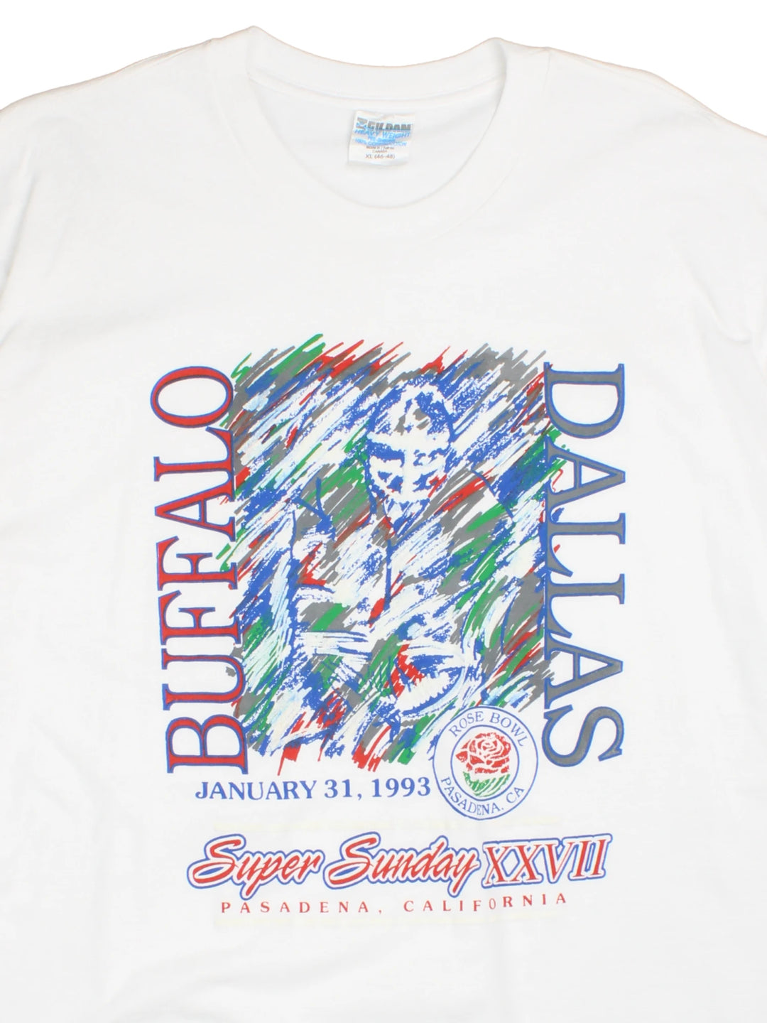 Buffalo vs Dallas 1993 Rose Bowl NFL tee in white with abstract football player graphic and spellout reading 'Super Sunday XXVI Pasadena California'.