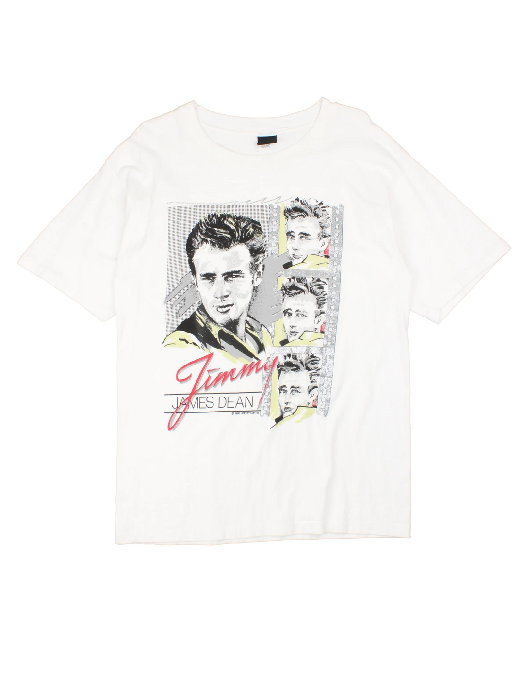 Vintage 90's James Dean Single Stitch T-Shirt in a white colourway with a graphic of him and spell out printed on the front with diamond dust feature.