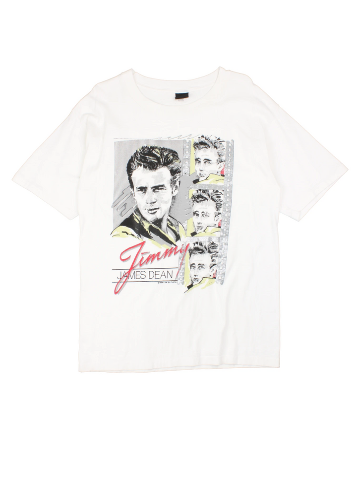 Vintage 90's James Dean Single Stitch T-Shirt in a white colourway with a graphic of him and spell out printed on the front with diamond dust feature.