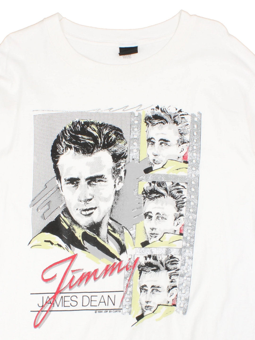Vintage 90's James Dean Single Stitch T-Shirt in a white colourway with a graphic of him and spell out printed on the front with diamond dust feature.