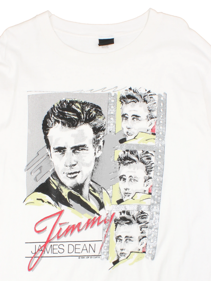 Vintage 90's James Dean Single Stitch T-Shirt in a white colourway with a graphic of him and spell out printed on the front with diamond dust feature.