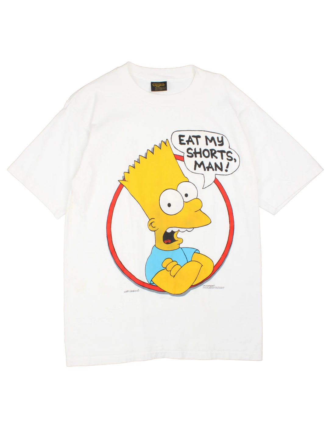 Vintage 1990 The Simspons Bart Eat My Shorts Graphic single stitch T-Shirt by Matt Groening, in a white colourway with the Bart graphic and spell out printed on the front.