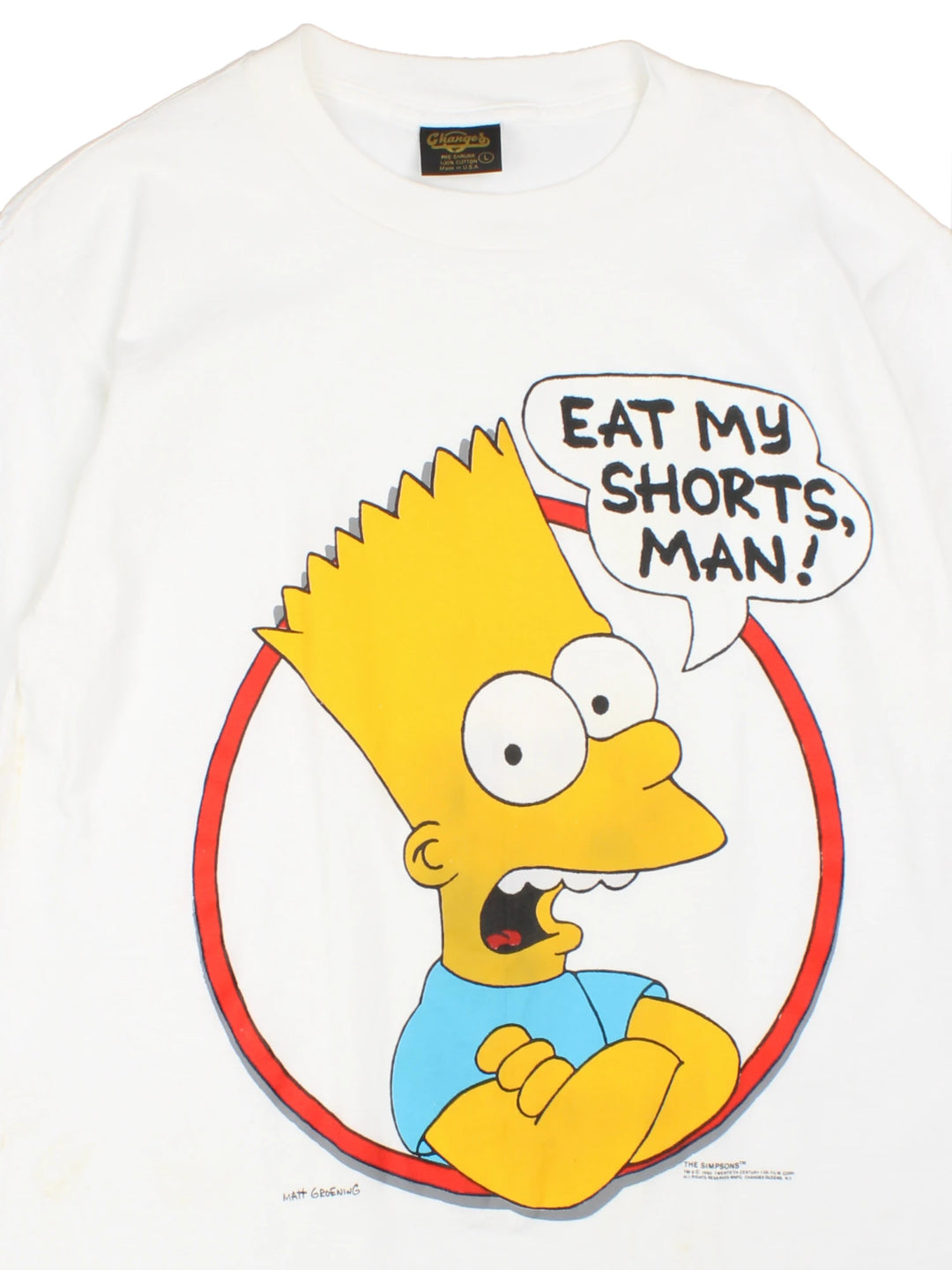 Vintage 1990 The Simspons Bart Eat My Shorts Graphic single stitch T-Shirt by Matt Groening, in a white colourway with the Bart graphic and spell out printed on the front.