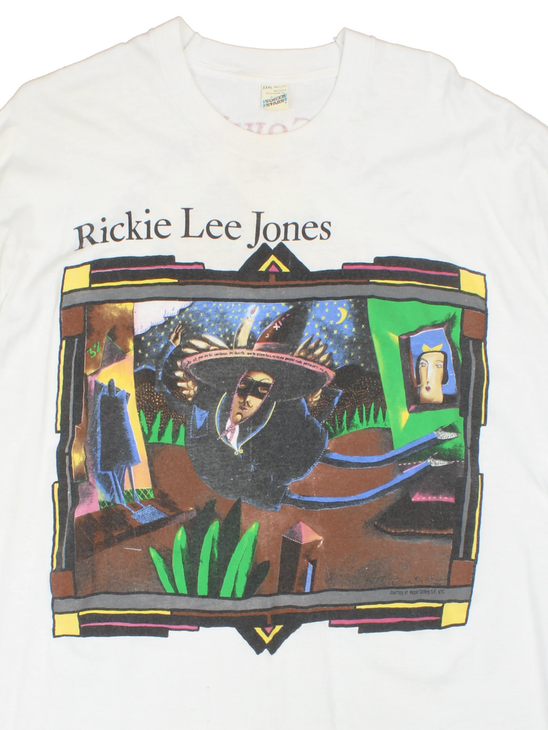 Vintage 1990 Rickie Lee Jones Flying Cowboys Tour T-Shirt in a white colourway, single stitch, and has large art graphic and spell out printed on the front, and on the back has the tour dates and spell out.