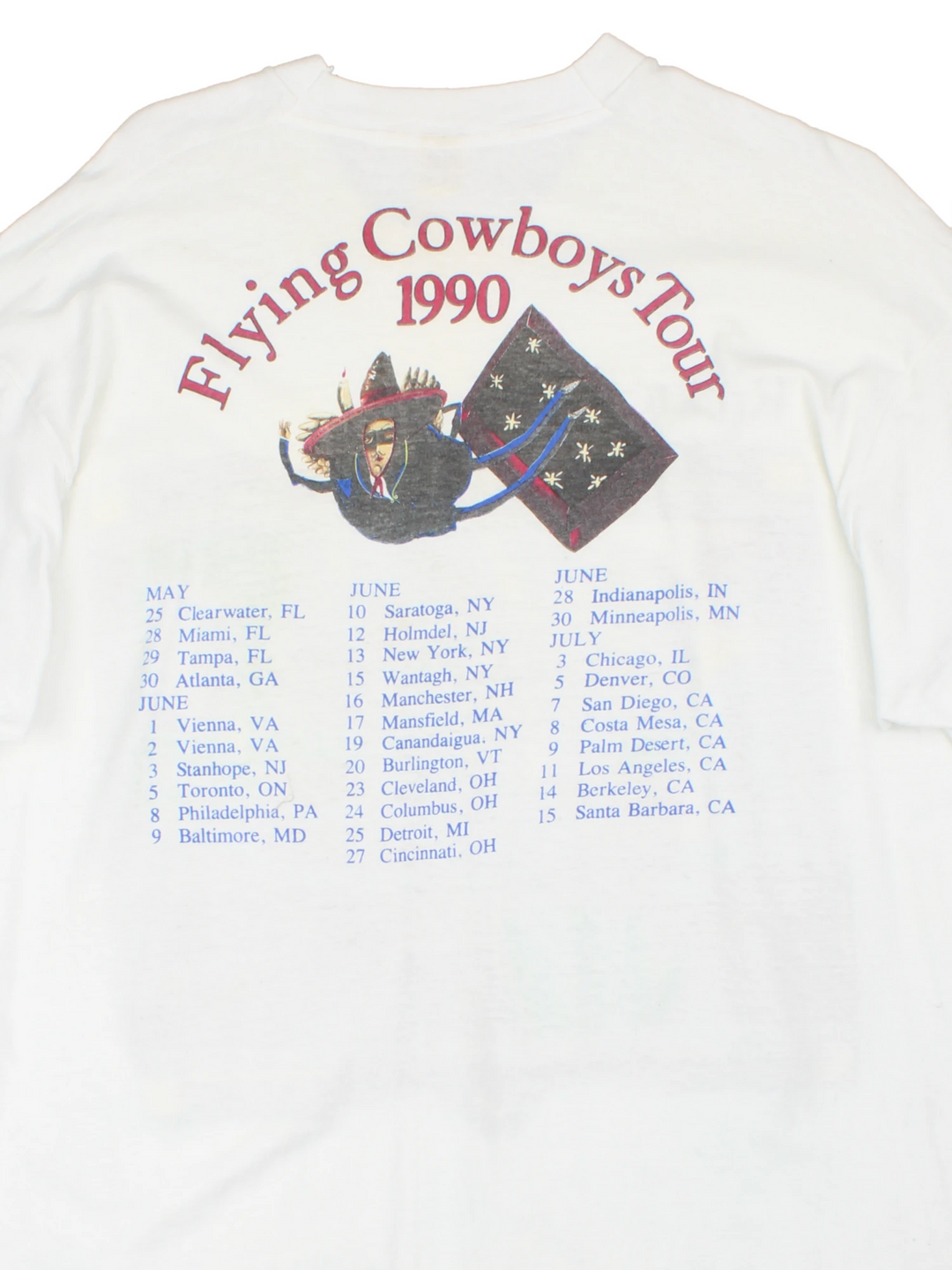 Vintage 1990 Rickie Lee Jones Flying Cowboys Tour T-Shirt in a white colourway, single stitch, and has large art graphic and spell out printed on the front, and on the back has the tour dates and spell out.