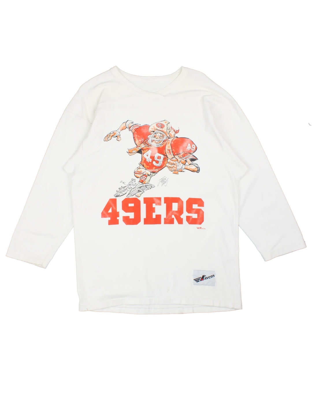 Vintage San Francisco 49ers NFL Jack Davis Graphic Jersey T-Shirt in a white colourway with the spell out logo and Jack Davis football illustration graphic printed on the front.