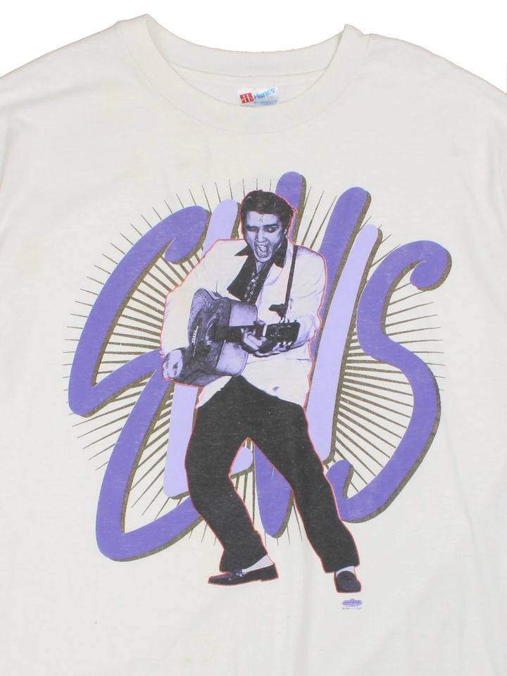 Vintage 1994 Elvis Presley Graphic single stitch T-Shirt in a white colourway with the artist graphic printed on the front, and TCB spell out printed on the back.