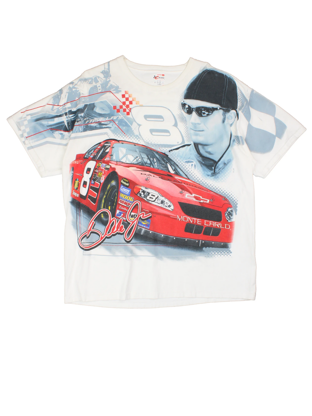 A white Frankie Rhinestone Racing t-shirt with a graphic print of a red racing car, a driver's helmet, and racing-themed graphics.