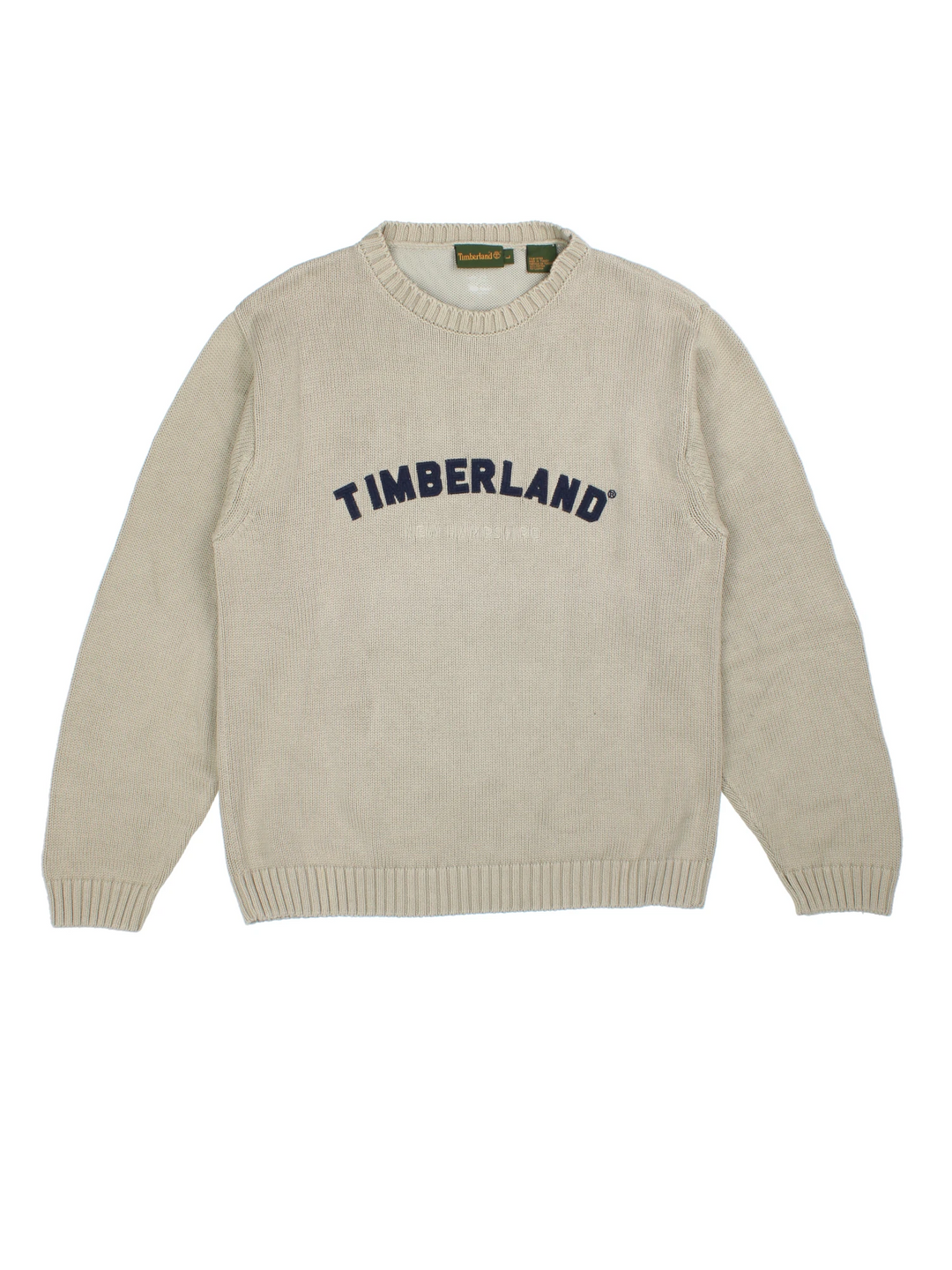 Vintage Timberland tan knitted jumper with embroidered logo on the chest in navy blue. 100% cotton. good condition  Size in Label:  L