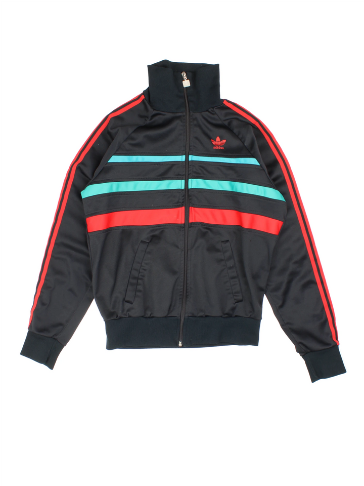 Vintage 80s Adidas tracksuit top in black with red and green stripes. Features embroidered logo on the chest.