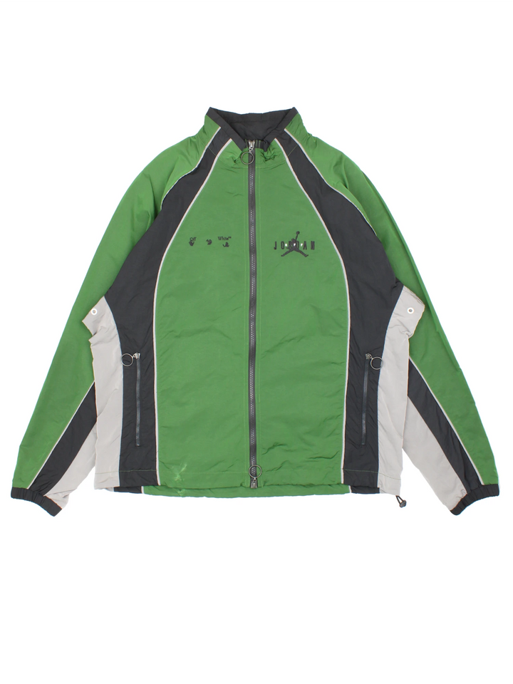 Vintage Off White x Jordan Tracksuit tops in a green and black colourway. Double zips up and has side pocket, and both logos embroidered on the front.