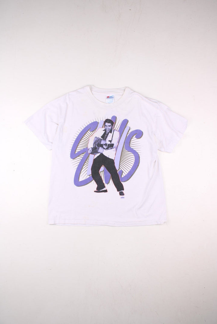 Vintage 1994 Elvis Presley Graphic single stitch T-Shirt in a white colourway with the artist graphic printed on the front, and TCB spell out printed on the back.