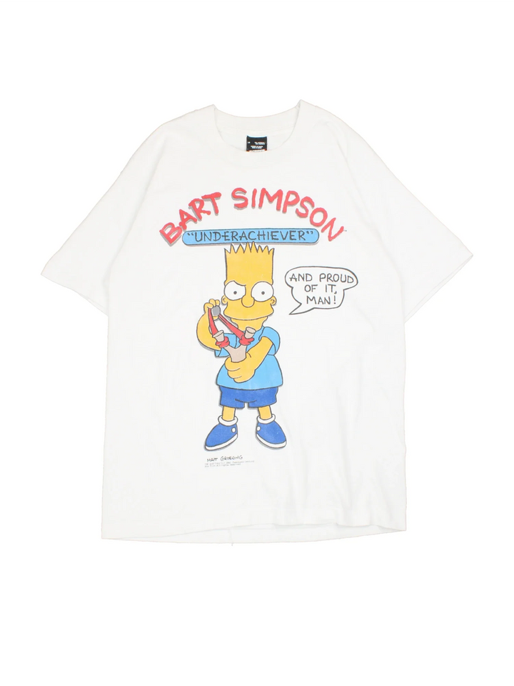 Vintage 90's Bart Simpson Graphic T-Shirt in a white colourway, with graphic printed on the front.
