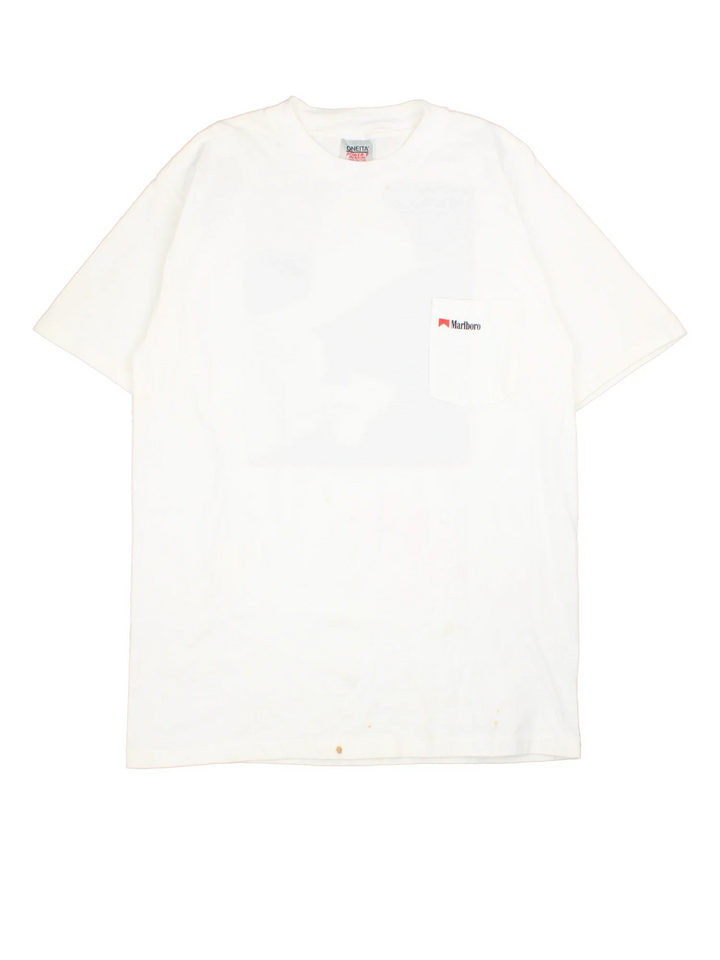 Vintage 90's Marlboro Wild West Graphic T-Shirt in a white colourway, with graphic printed on front and back.