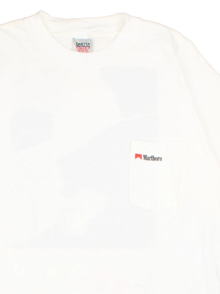 Vintage 90's Marlboro Wild West Graphic T-Shirt in a white colourway, with graphic printed on front and back.