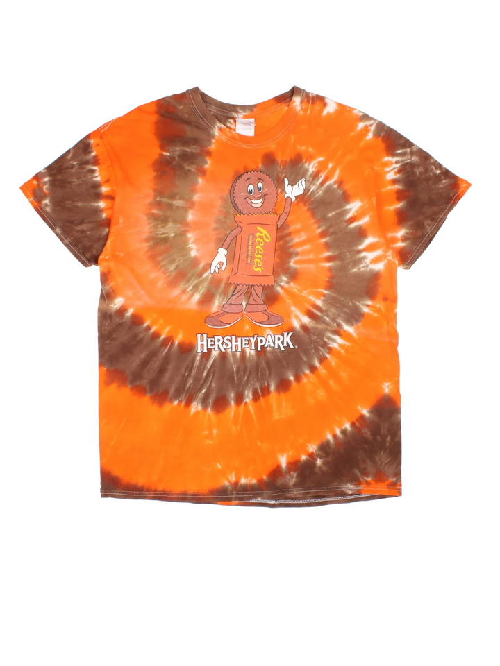 Vintage Hershey Park Reese's Tie Dye T-Shirt in a orange and brown colourway with the graphic printed on the front.