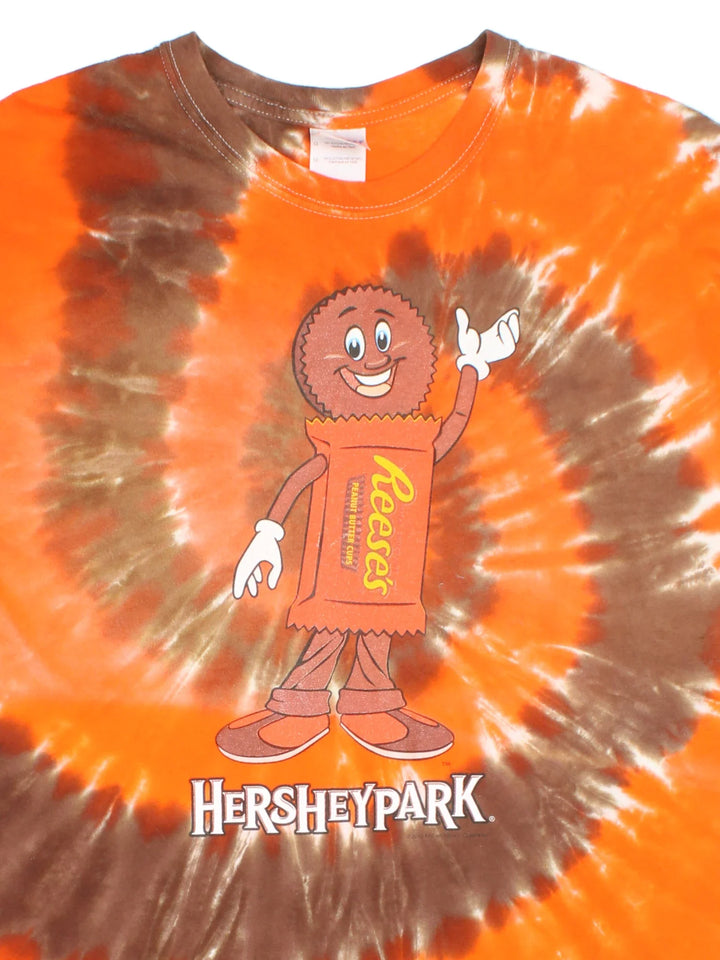 Vintage Hershey Park Reese's Tie Dye T-Shirt in a orange and brown colourway with the graphic printed on the front.
