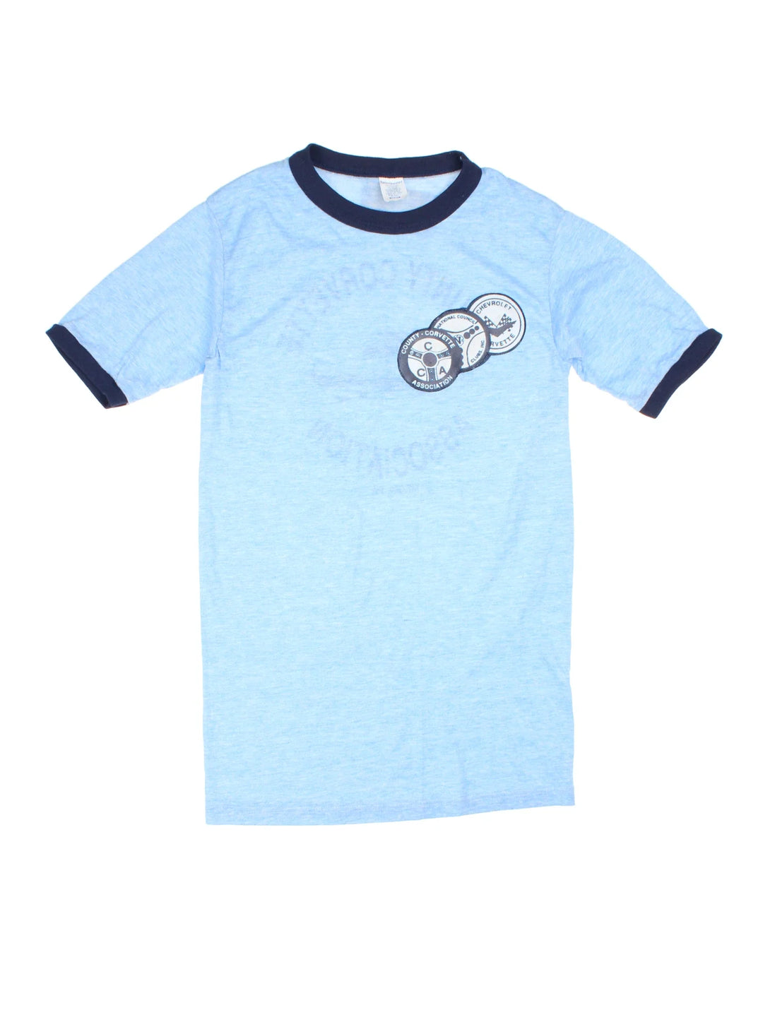 Vintage County Corvette Ringer T-Shirt in a blue colourway with the logo badges embroidered on the front and big graphic print on the back.