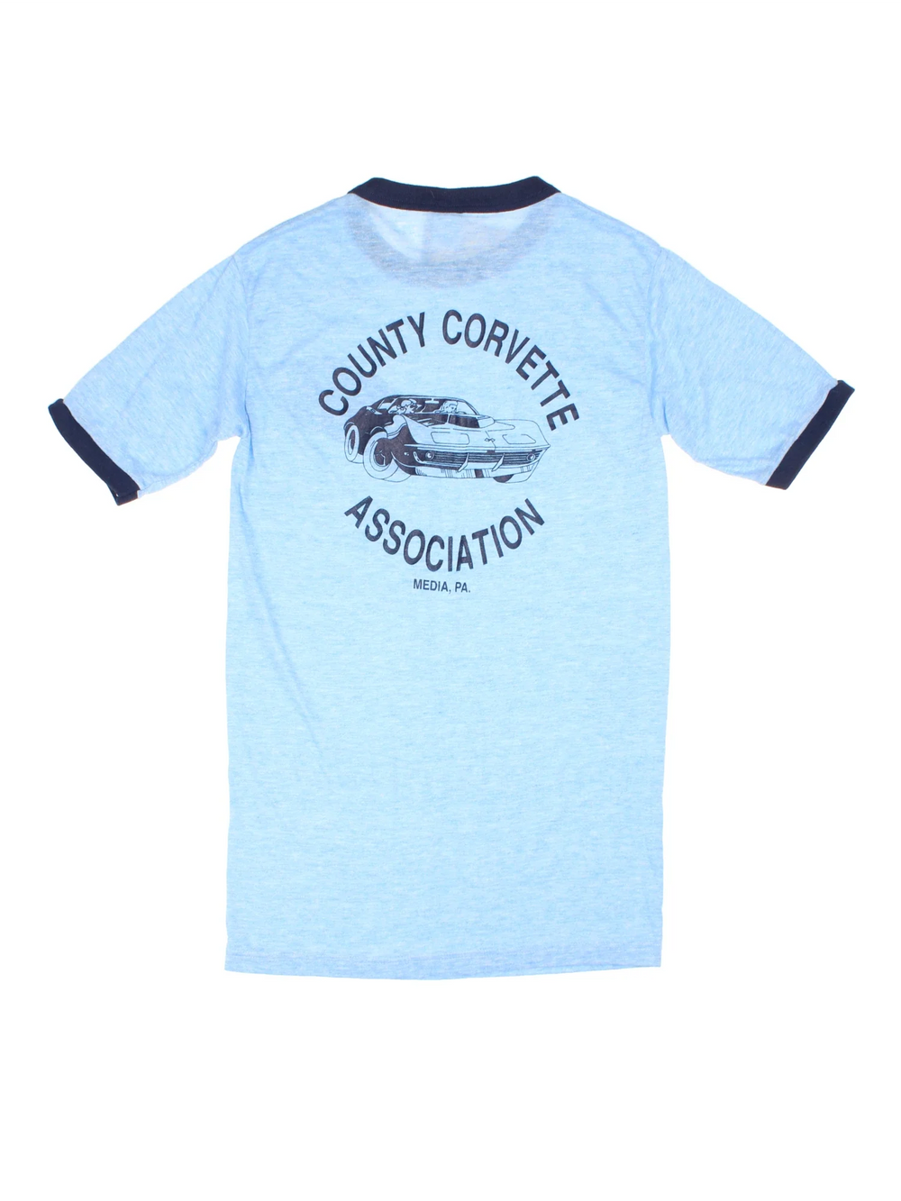 Vintage County Corvette Ringer T-Shirt in a blue colourway with the logo badges embroidered on the front and big graphic print on the back.
