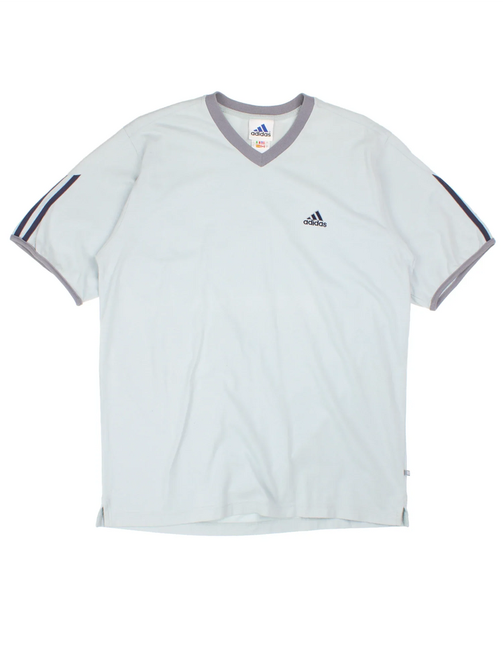 Adidas T-Shirt in a blue colourway and has a v neck collar with the logo embroidered on the front.