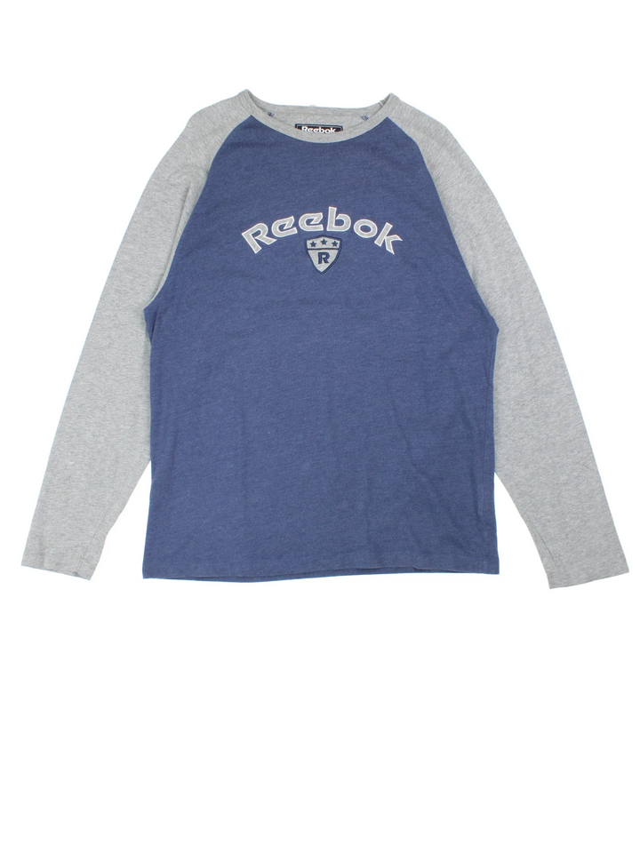 Reebok Long Sleeve T-Shirt in a blue and grey colourway with the logo embroidered on the front.