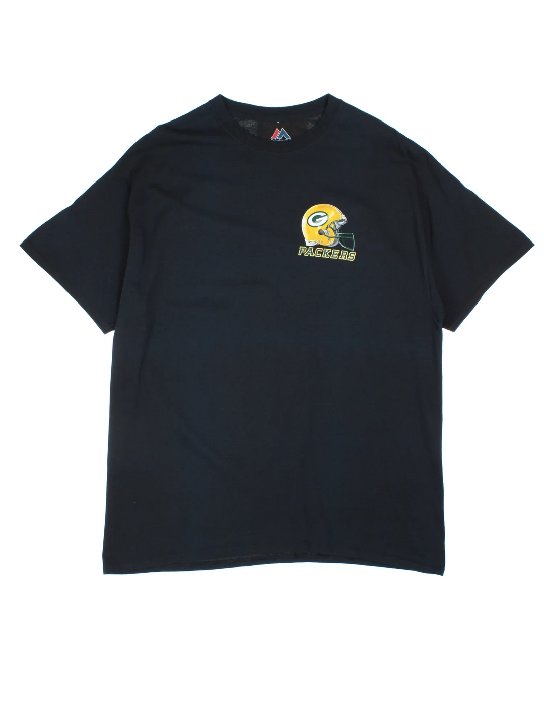 Vintage Green Bay Packers NFL T-Shirt in a black colourway with the logo printed on the front and big graphic on the back.