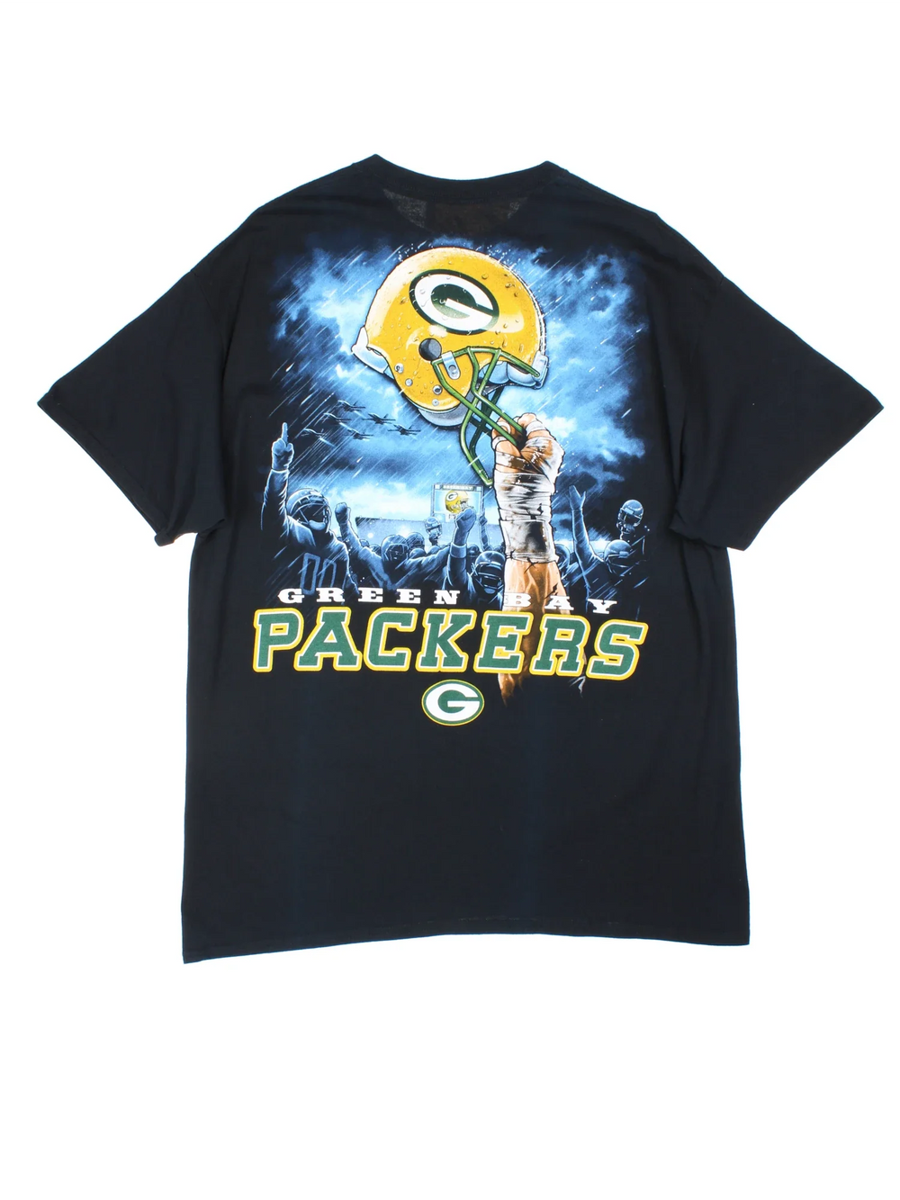 Vintage Green Bay Packers NFL T-Shirt in a black colourway with the logo printed on the front and big graphic on the back.