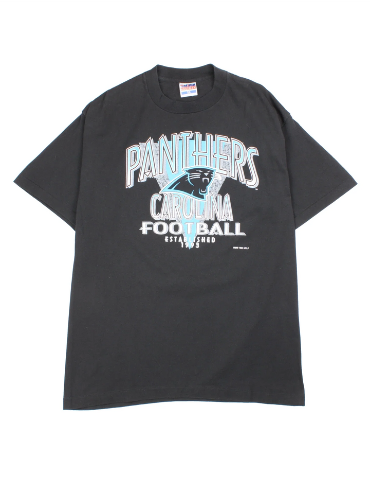 Vintage 1989 Carolina Panthers NFL Single Stitch T-Shirt in a black colourway with the team logo and spell out printed on the front.