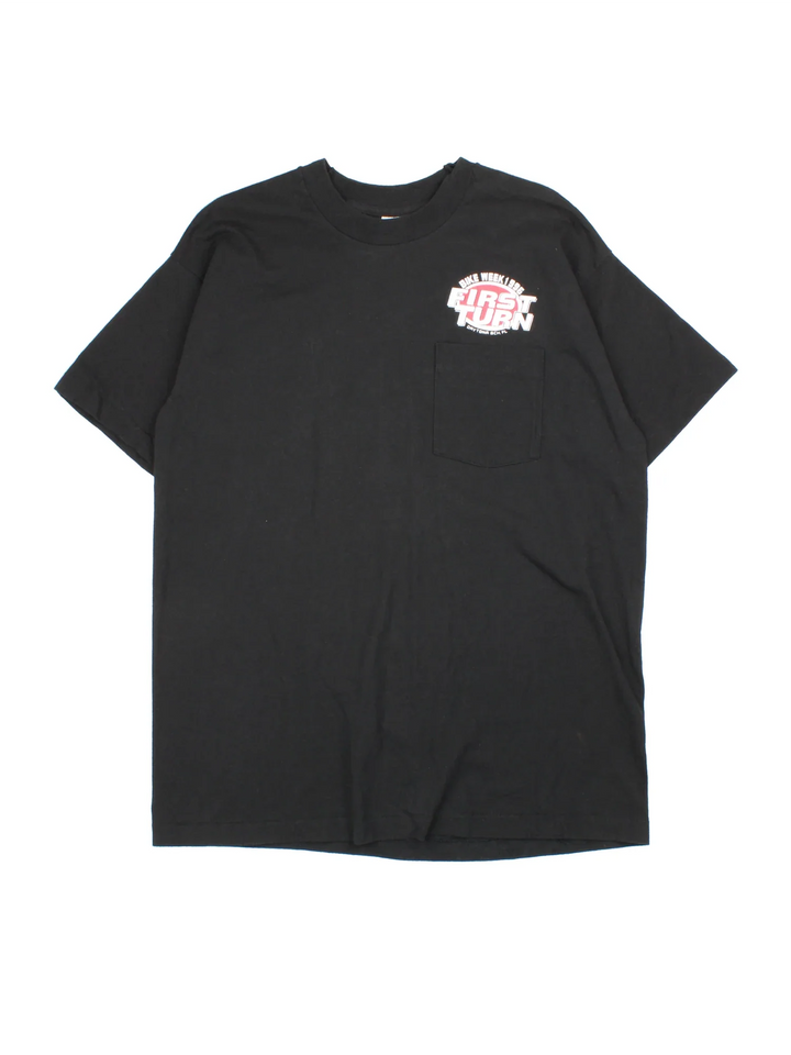 Vintage 1996 Florida Bike Week Graphic Single Stitch T-Shirt in a black colourway, has a chest pocket with the logo printed above and has graphic print on the back.