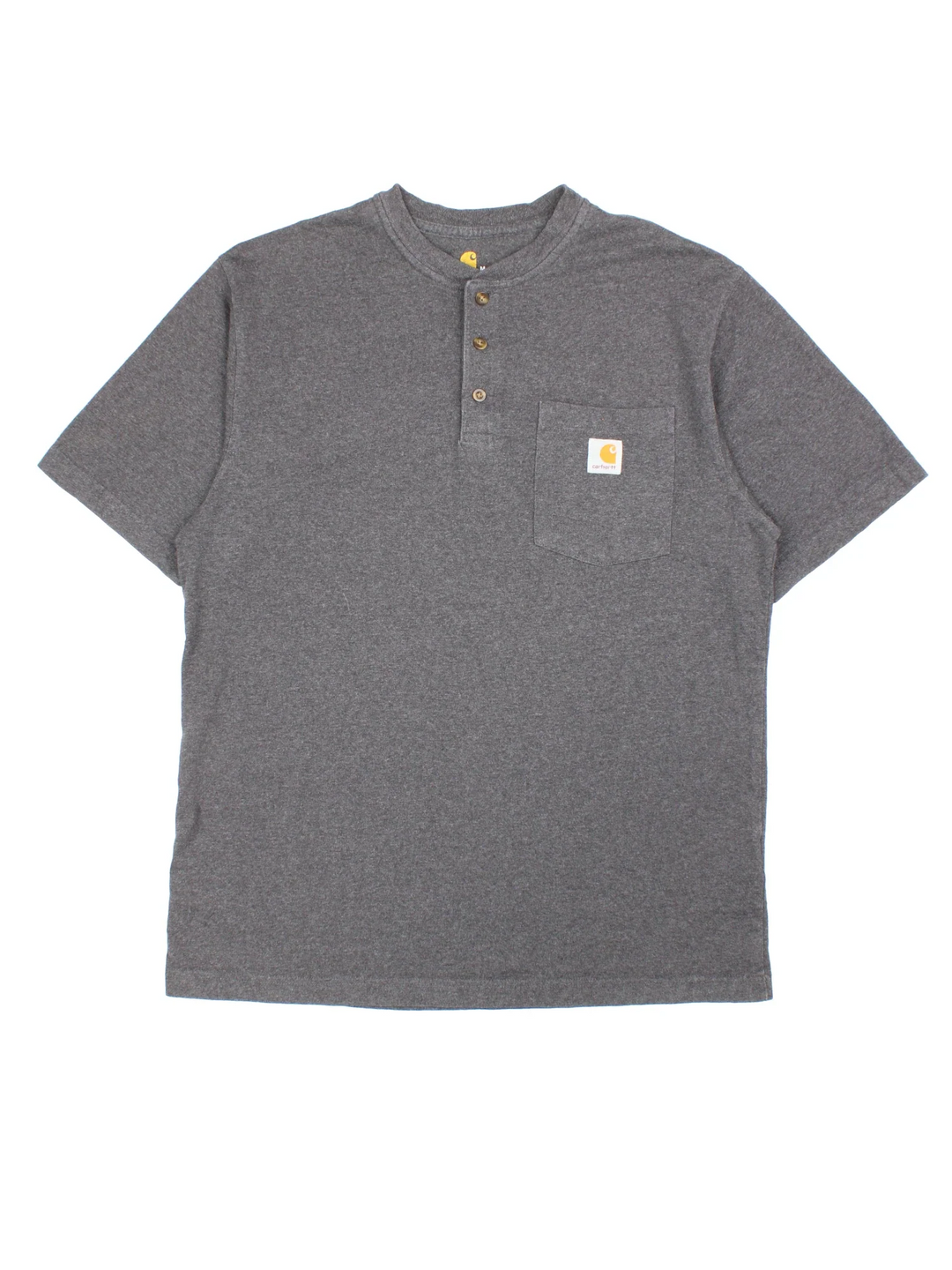 Carhartt T-Shirt in a grey colourway, has a button up collar, and a chest pocket with the logo embroidered on the front.