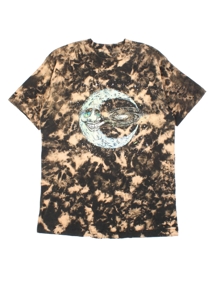 Vintage Tie Dye Smoking Moon Graphic Single Stitch T-Shirt in a black and brown colourway with smoking moon graphic printed on the front.