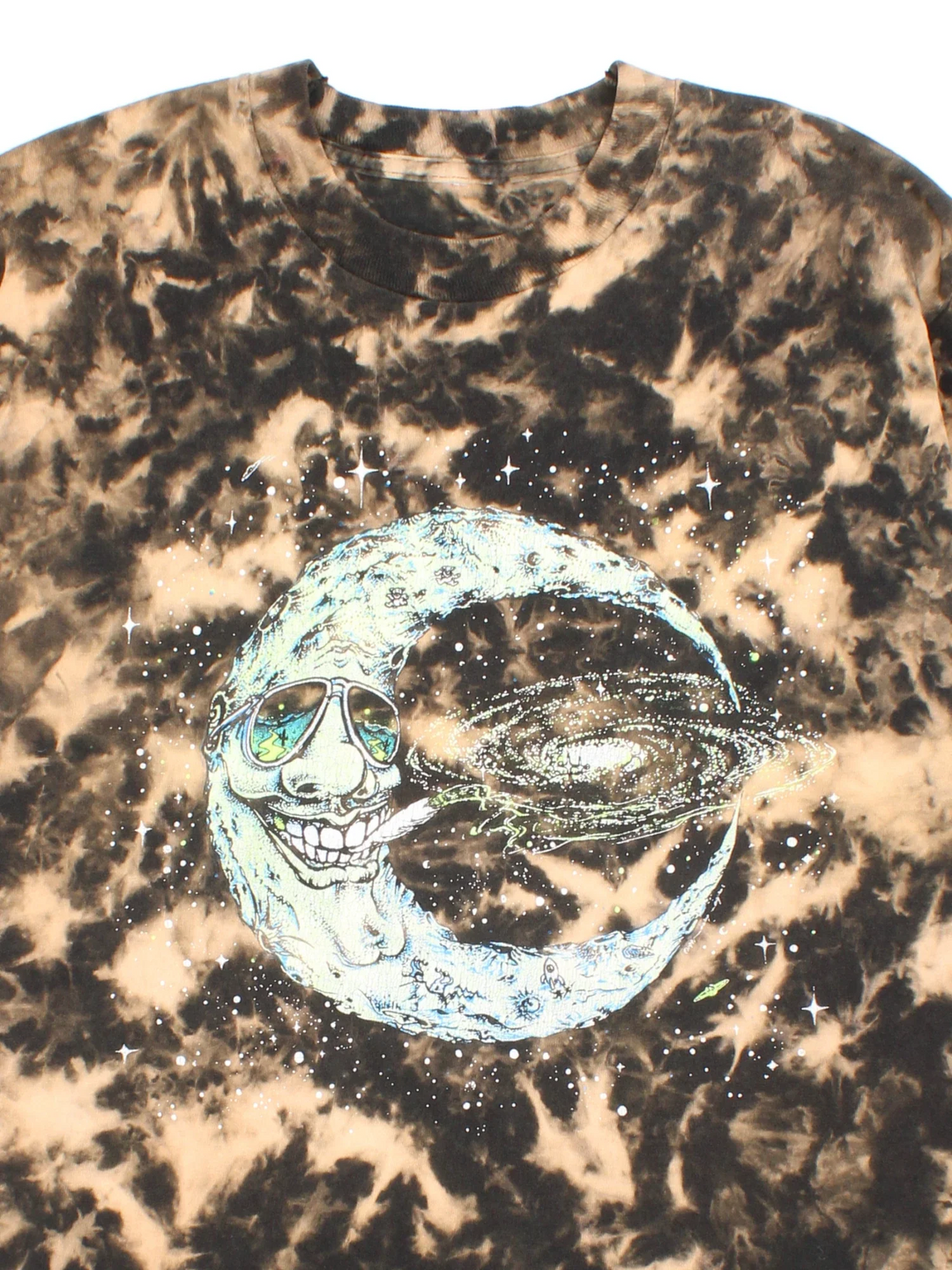 Vintage Tie Dye Smoking Moon Graphic Single Stitch T-Shirt in a black and brown colourway with smoking moon graphic printed on the front.