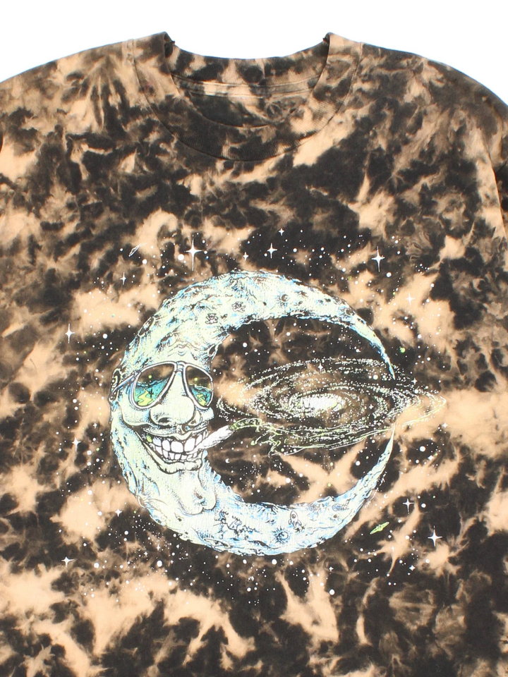 Vintage Tie Dye Smoking Moon Graphic Single Stitch T-Shirt in a black and brown colourway with smoking moon graphic printed on the front.
