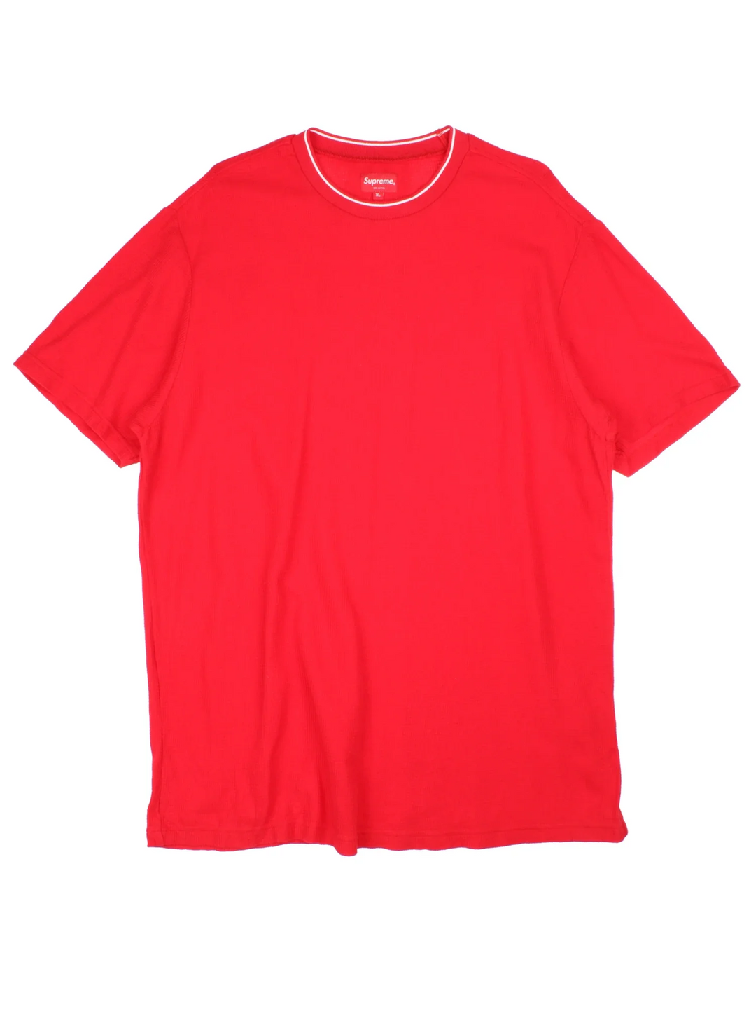 Supreme New York Waffle T-Shirt in a red colourway with contrast white piping and branding printed on the back.
