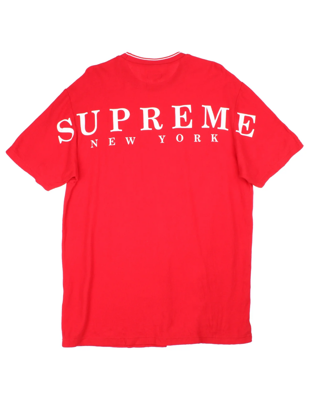 Supreme New York Waffle T-Shirt in a red colourway with contrast white piping and branding printed on the back.