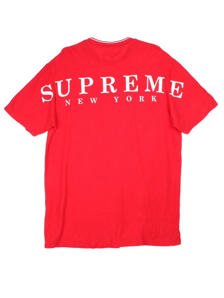 Supreme New York Waffle T-Shirt in a red colourway with contrast white piping and branding printed on the back.