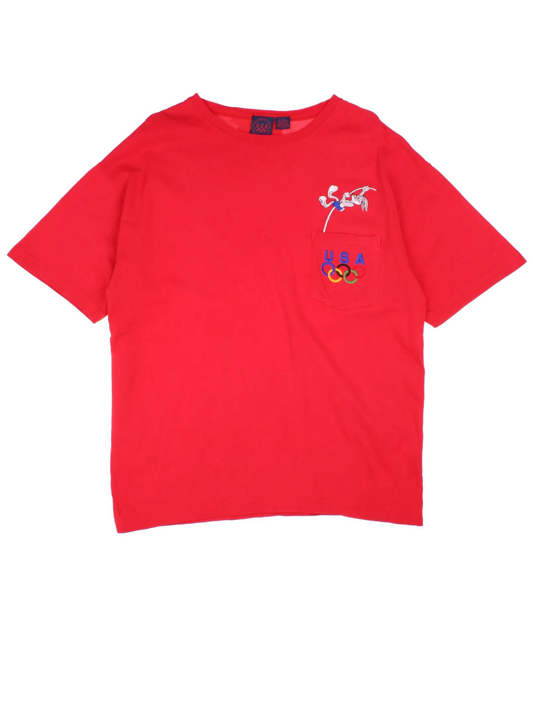 1996 USA Olympics Looney Tunes Bugs Bunny T-Shirt in a red colourway with front pocket and embroidered detail on front.