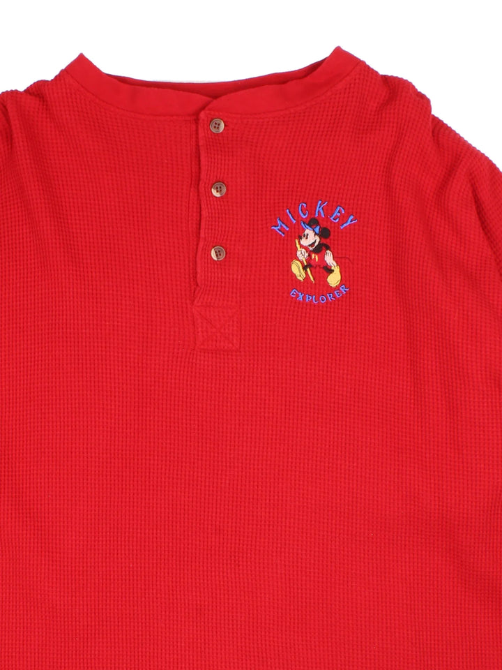 Vintage Disney Mickey Mouse Waffle Henley T-Shirt in a red colourway, with x3 button fastening and embroidered detail on front.
