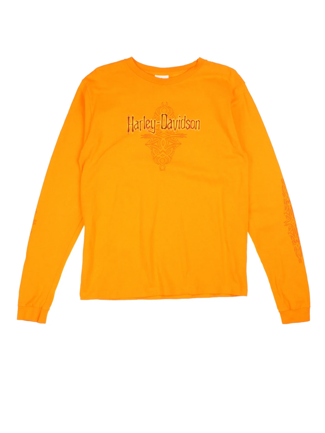 Harley-Davidson Roosters Long Sleeve T-Shirt in a orange colourway, with printed branding on front and back.