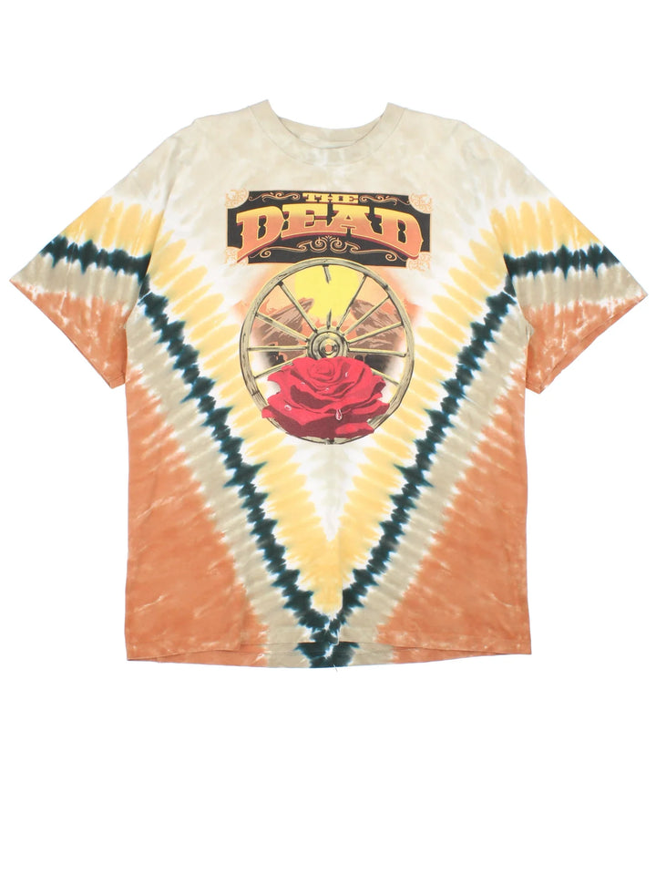 Vintage 2004 The Grateful Dead Red Rocks Tour T-Shirt in a yellow tie dye colourway, with graphic printed on the front and back.