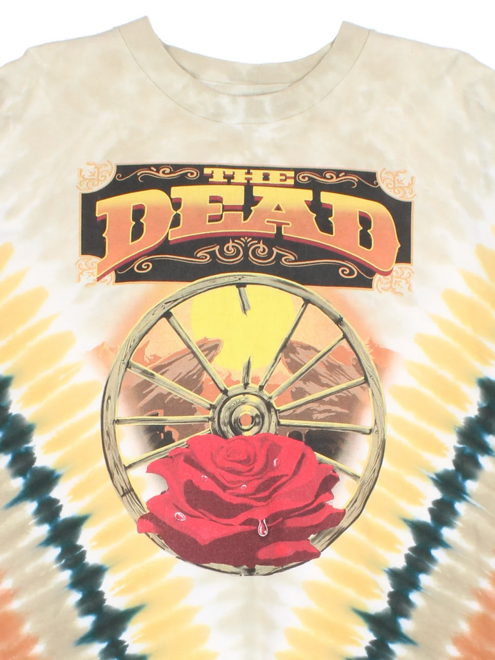 Vintage 2004 The Grateful Dead Red Rocks Tour T-Shirt in a yellow tie dye colourway, with graphic printed on the front and back.